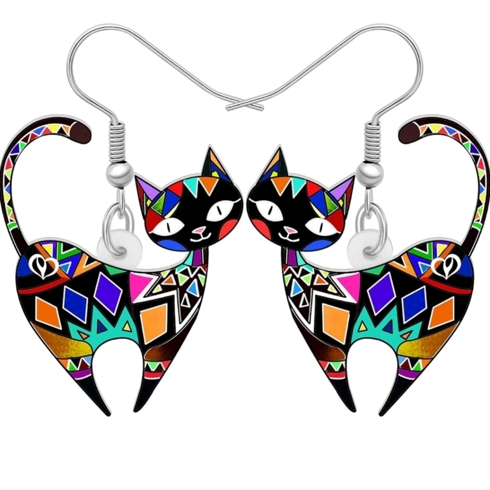 Women's jewelry unique multicolored designed cat dangle earrings!